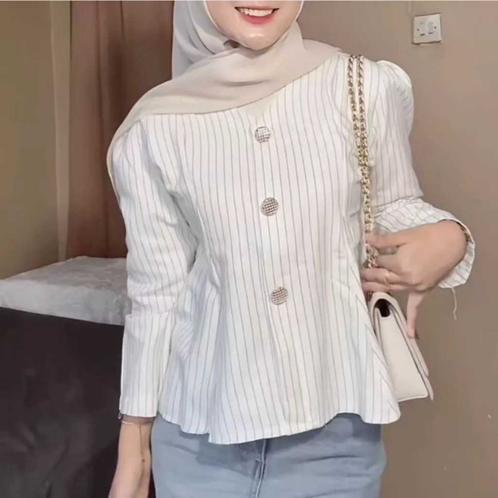 Arika Blouse Stripe Atasan Peplum Wanita Salur Lengan Puff Fit Body Fitted