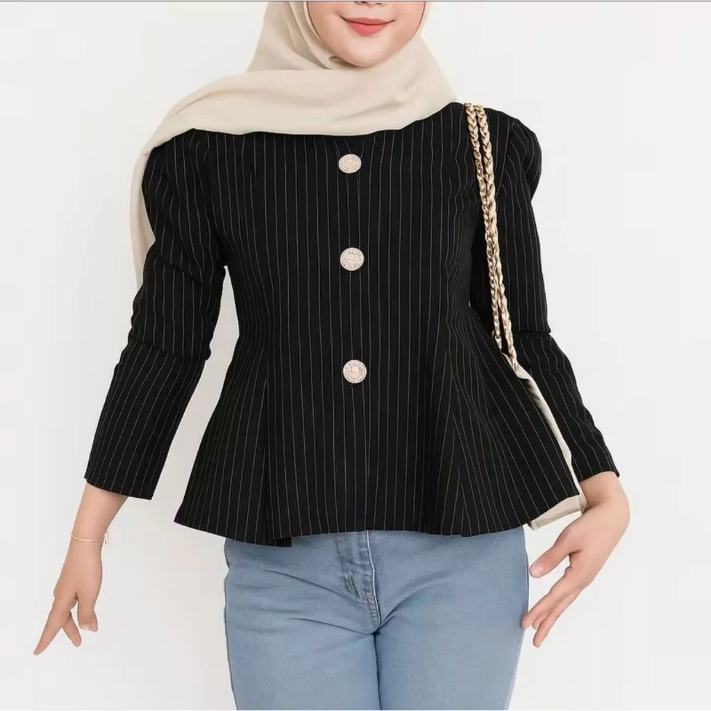 Arika Blouse Stripe Atasan Peplum Wanita Salur Lengan Puff Fit Body Fitted - Foto 2