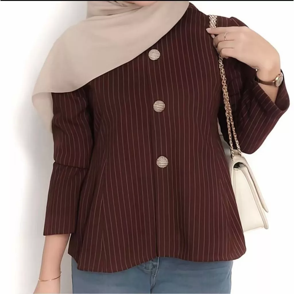 Arika Blouse Stripe Atasan Peplum Wanita Salur Lengan Puff Fit Body Fitted - Foto 3