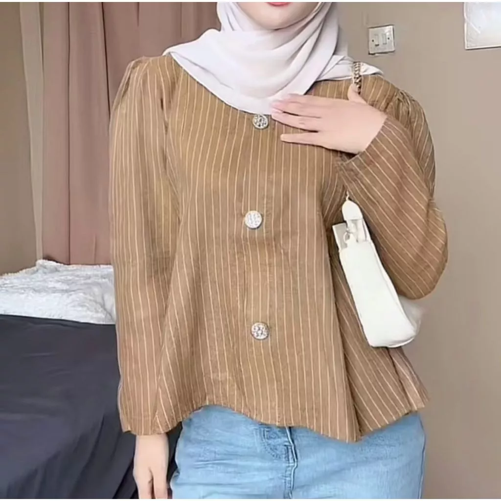 Arika Blouse Stripe Atasan Peplum Wanita Salur Lengan Puff Fit Body Fitted - Foto 4