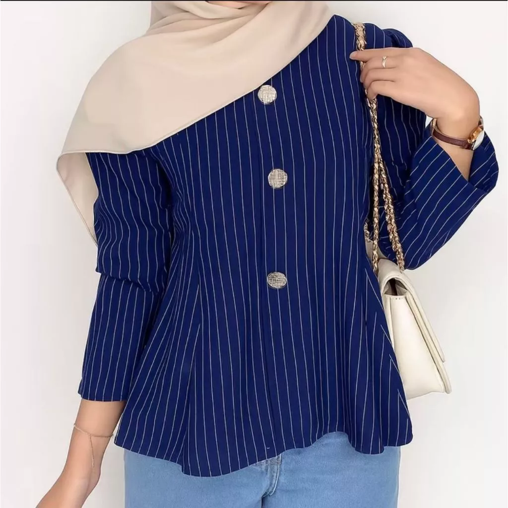 Arika Blouse Stripe Atasan Peplum Wanita Salur Lengan Puff Fit Body Fitted - Foto 5