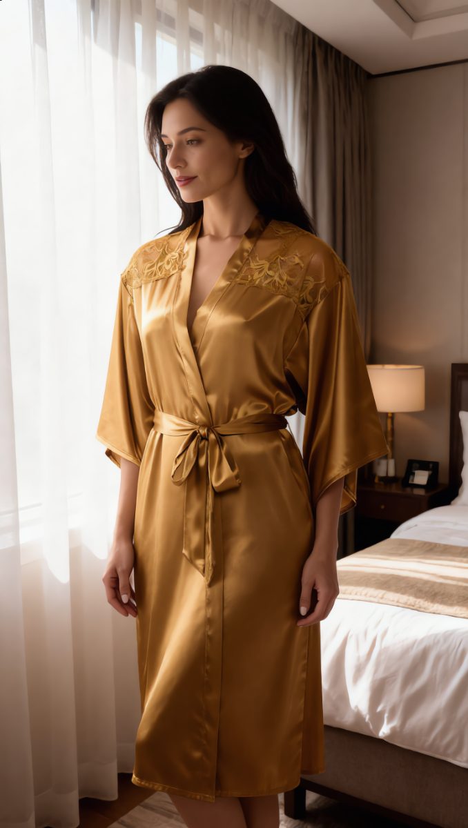 La Senza Mid Length Satin Sexy Robe Warna Burnished Gold Foiled - Foto 4