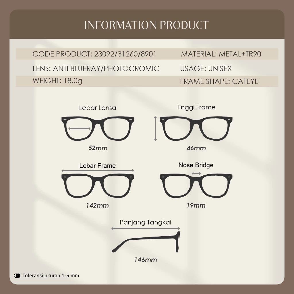Gently Morley Kacamata Photocromic Lensa Minus Anti Radiasi Blueray Bluecromic Cat Eye TR90 + Metal Pria Wanita Fashionable Eyeglasses 31260-89013 - Foto 9