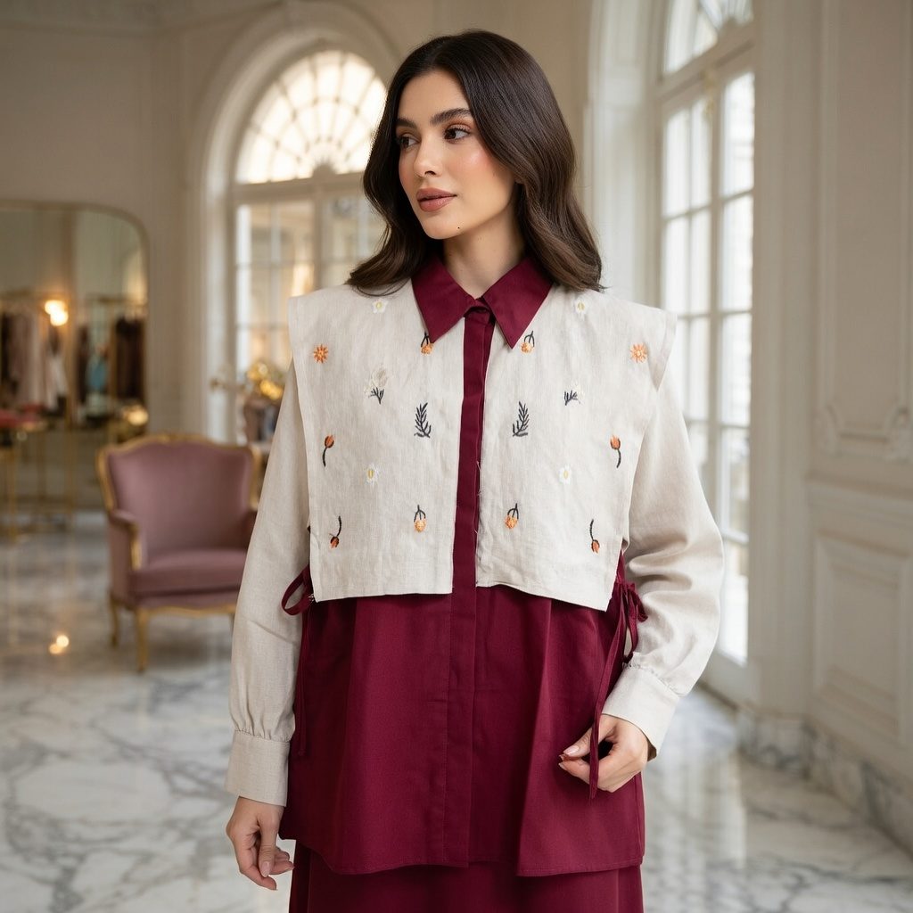 Alika Shirt Bordir Linen Vest Wanita Oversize