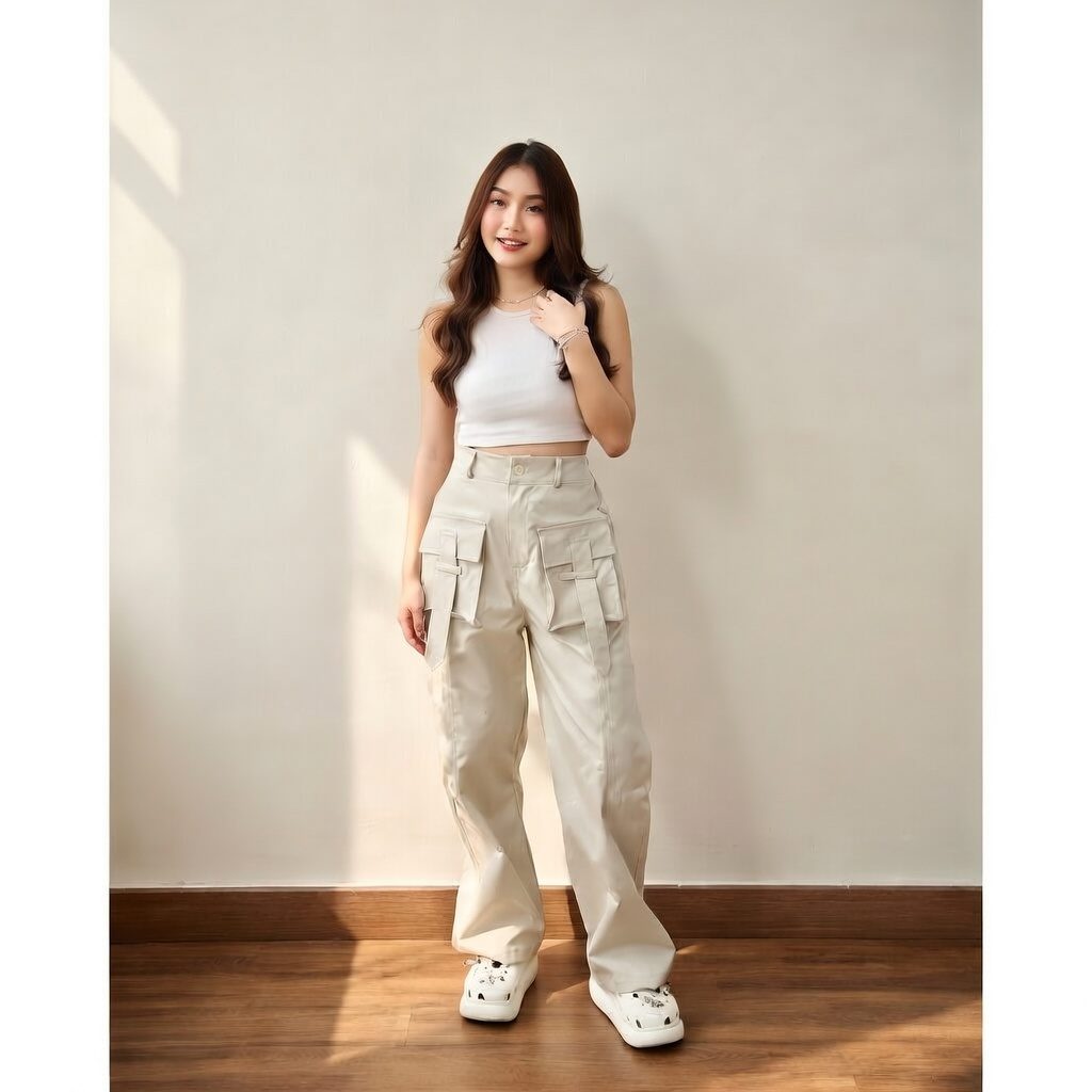 Yura Cargo Wanita Highwaist Non-Stretch Katun - Foto 2