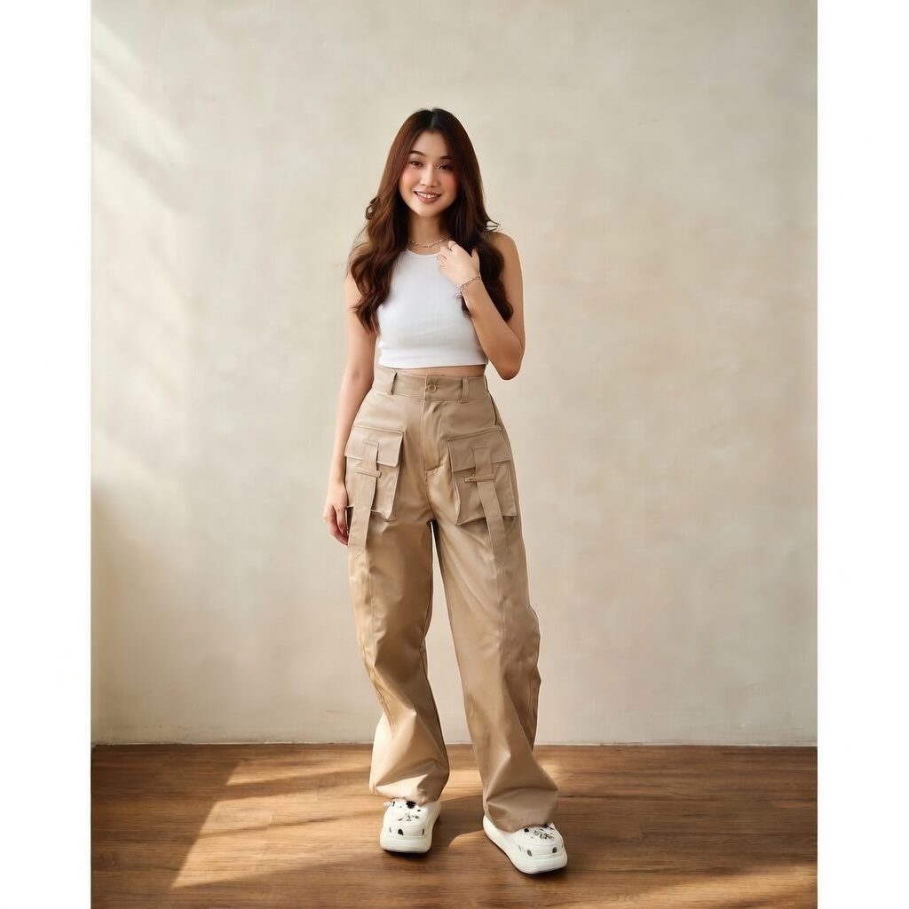 Yura Cargo Wanita Highwaist Non-Stretch Katun - Foto 3