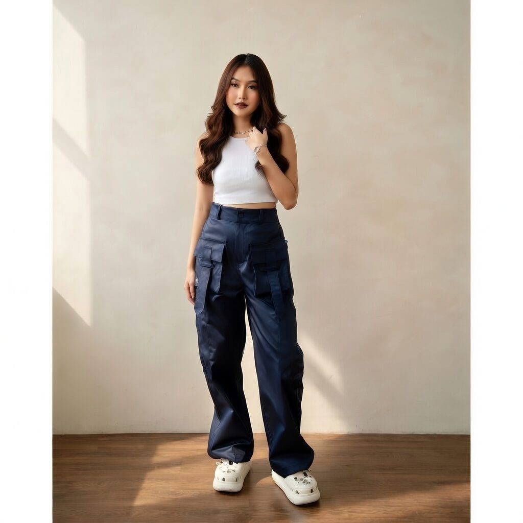 Yura Cargo Wanita Highwaist Non-Stretch Katun - Foto 4
