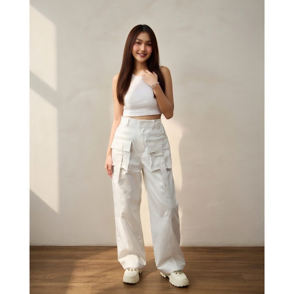 Yura Cargo Wanita Highwaist Non-Stretch Katun - Foto 5