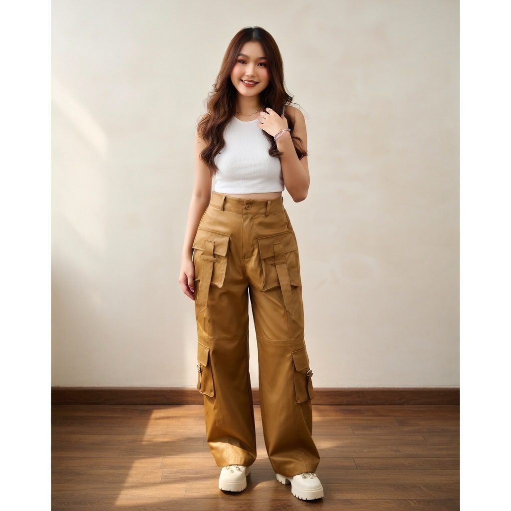 Yura Cargo Wanita Highwaist Non-Stretch Katun - Foto 6