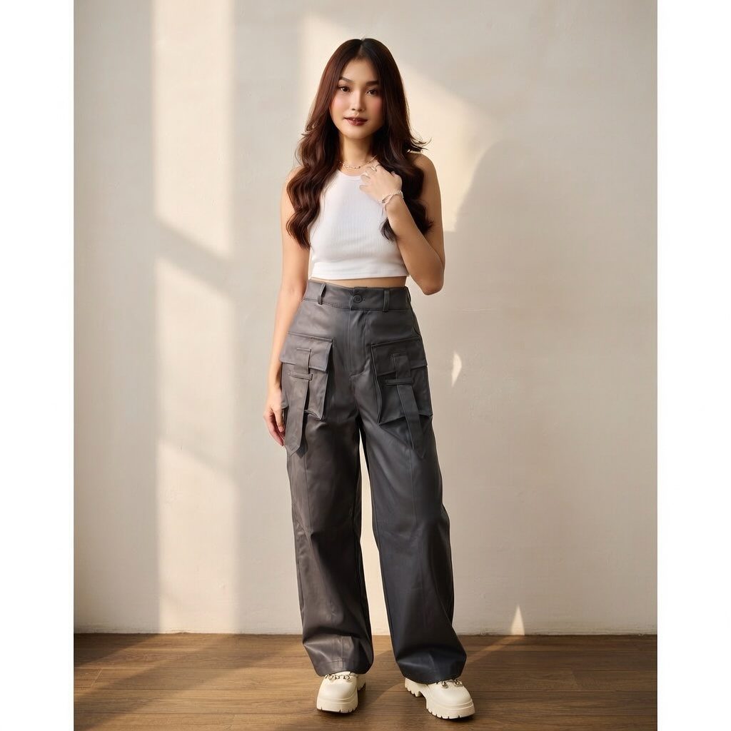 Yura Cargo Wanita Highwaist Non-Stretch Katun - Foto 8