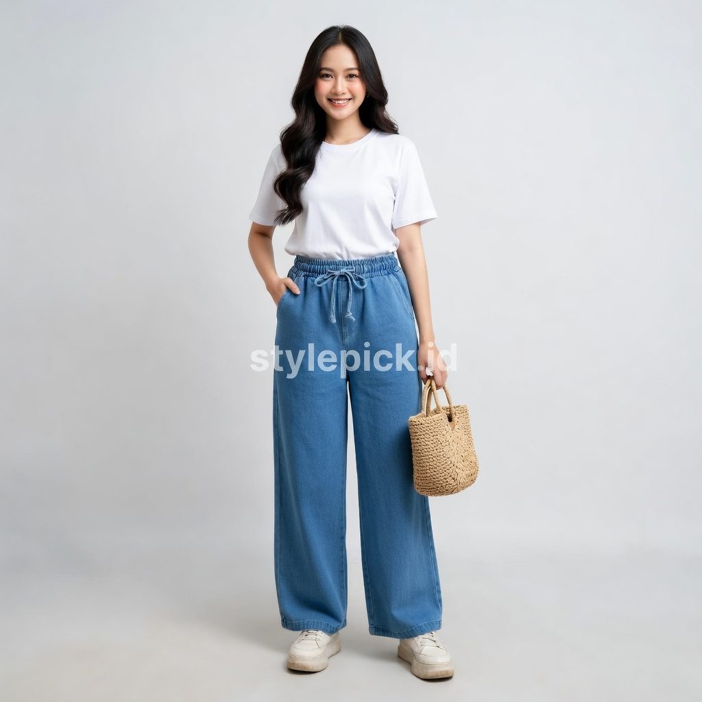 Celana Kulot Panjang Jeans Wanita Fit Super Jumbo 100kg Bigsize Jumbo Pinggang Karet Coco DLINE (Model: Coco Culotte).