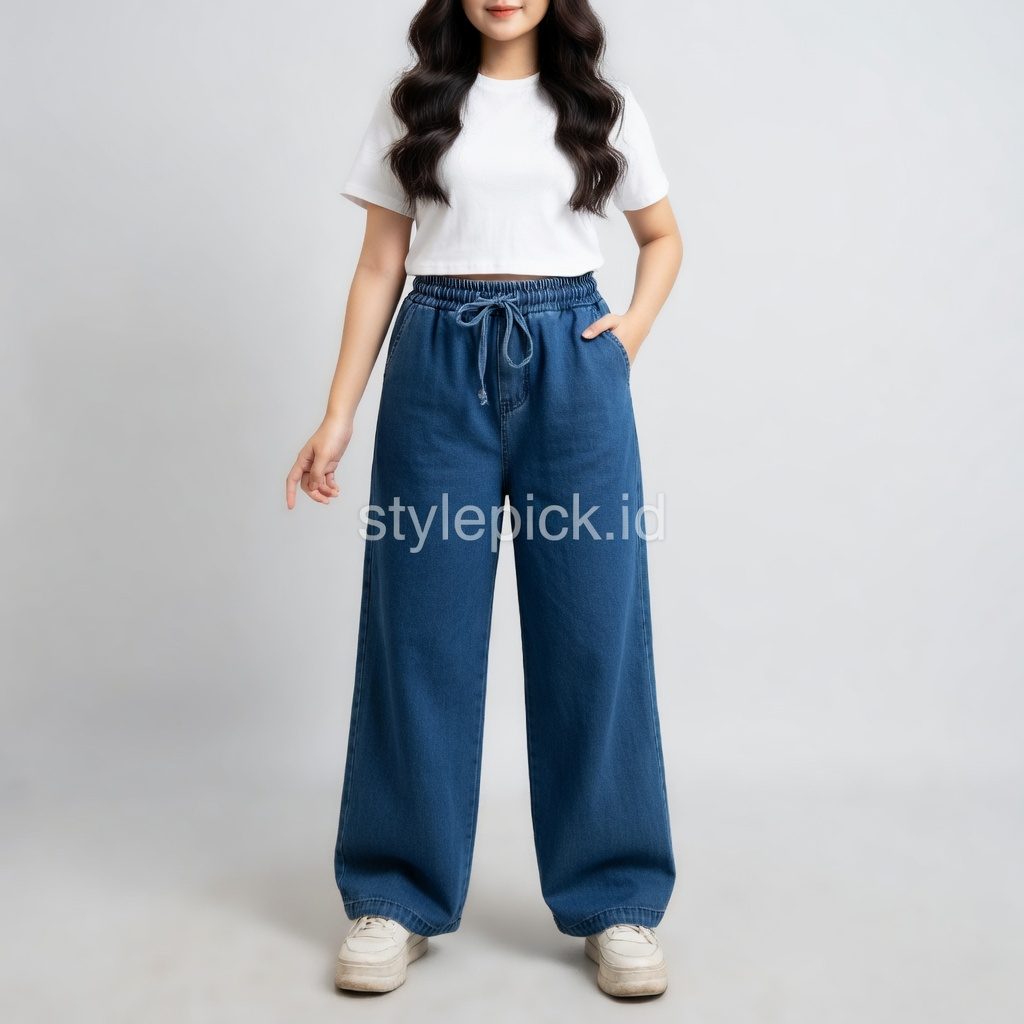 Celana Kulot Panjang Jeans Wanita Fit Super Jumbo 100kg Bigsize Jumbo Pinggang Karet Coco DLINE (Model: Coco Culotte). - Foto 2