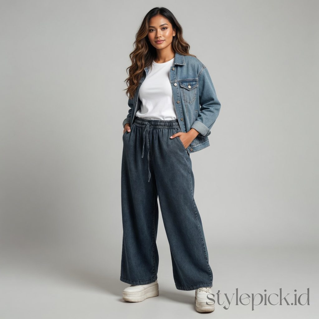 Celana Kulot Panjang Jeans Wanita Fit Super Jumbo 100kg Bigsize Jumbo Pinggang Karet Coco DLINE (Model: Coco Culotte). - Foto 3