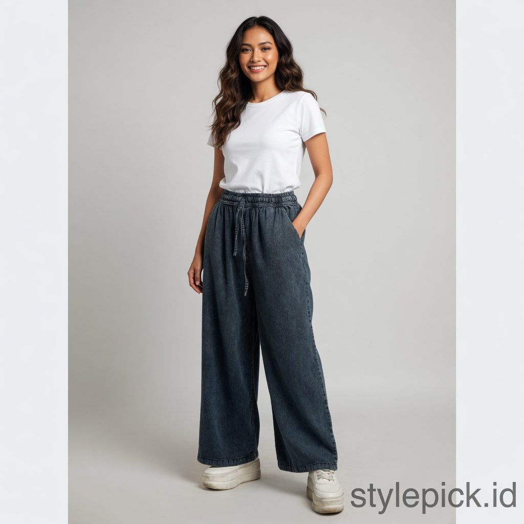Celana Kulot Panjang Jeans Wanita Fit Super Jumbo 100kg Bigsize Jumbo Pinggang Karet Coco DLINE (Model: Coco Culotte). - Foto 4